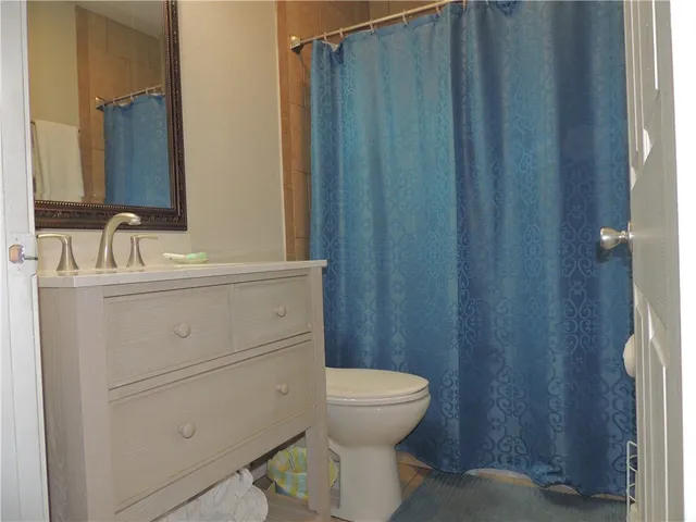 a bathroom with a sink a toilet a mirror and shower curtain