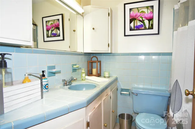 a bathroom with a sink mirror and toilet
