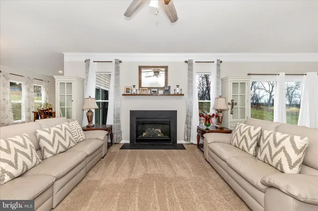 a living room with furniture fireplace and window