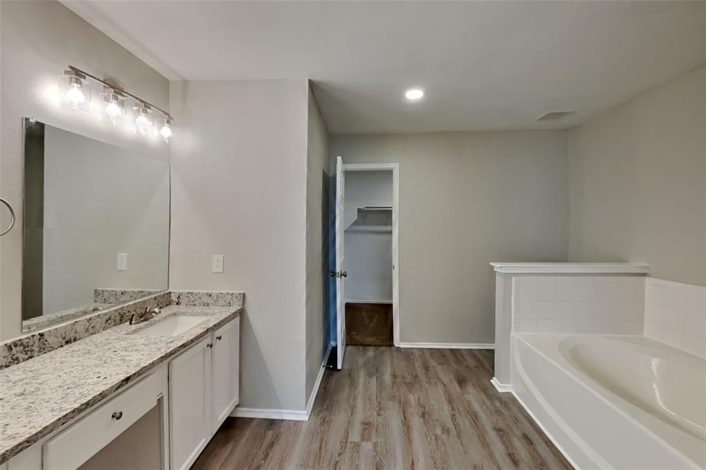 3925 Cane River Road Fort Worth, TX 76244 - Photo 11 of 21 Full bath featuring vanity, a garden tub, a spacious closet, light wood-style floors, and recessed lighting
