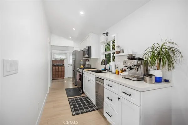 a kitchen with appliances cabinets and a potted plant