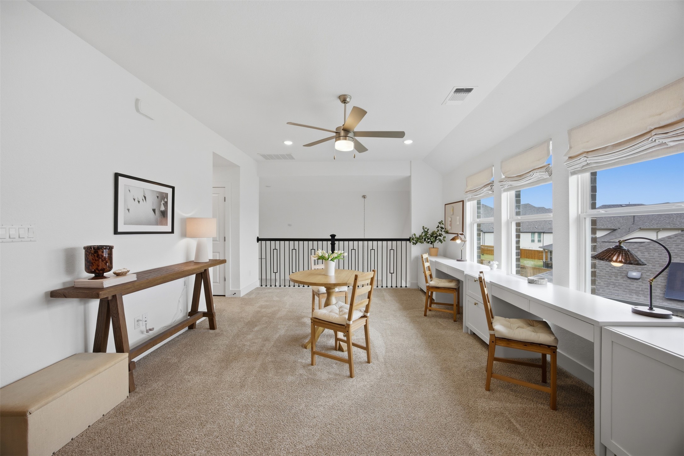 1217 Calendula Trail Georgetown, TX 78628 - Photo 31 of 39 Office space featuring light colored carpet, a ceiling fan, and recessed lighting
