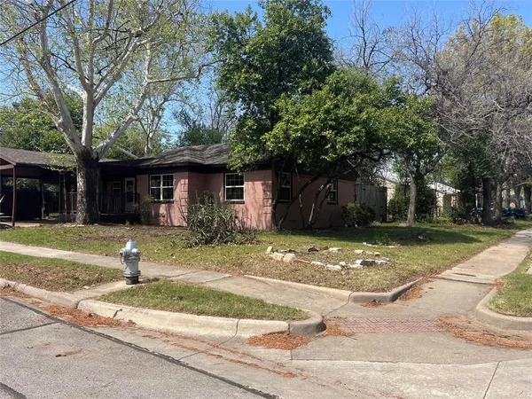 a view of street with a fountain and plants