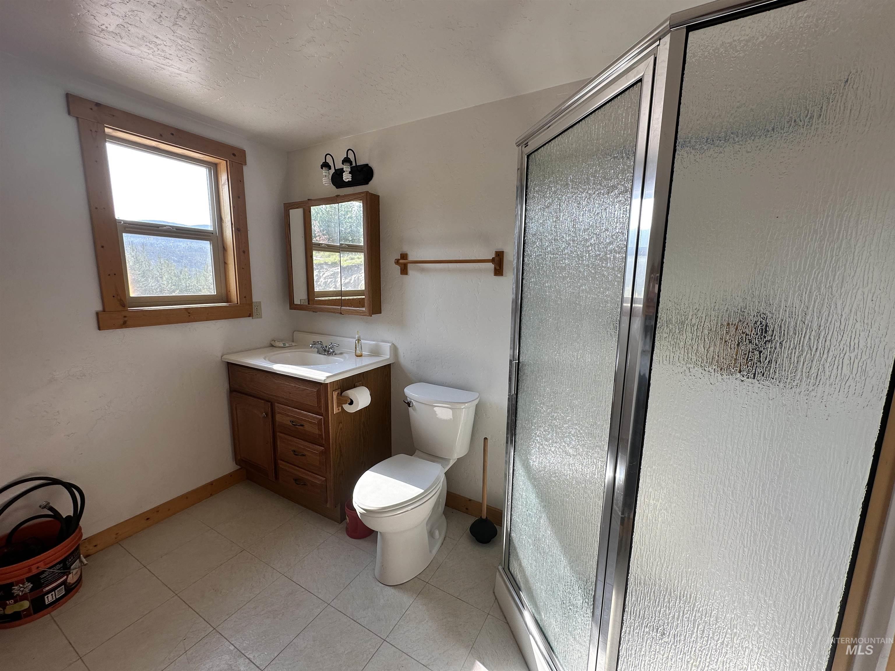 532 Warren Creek Road McCall, ID 83638 - Photo 14 of 45 Full bathroom featuring vanity, a shower stall, and a textured ceiling