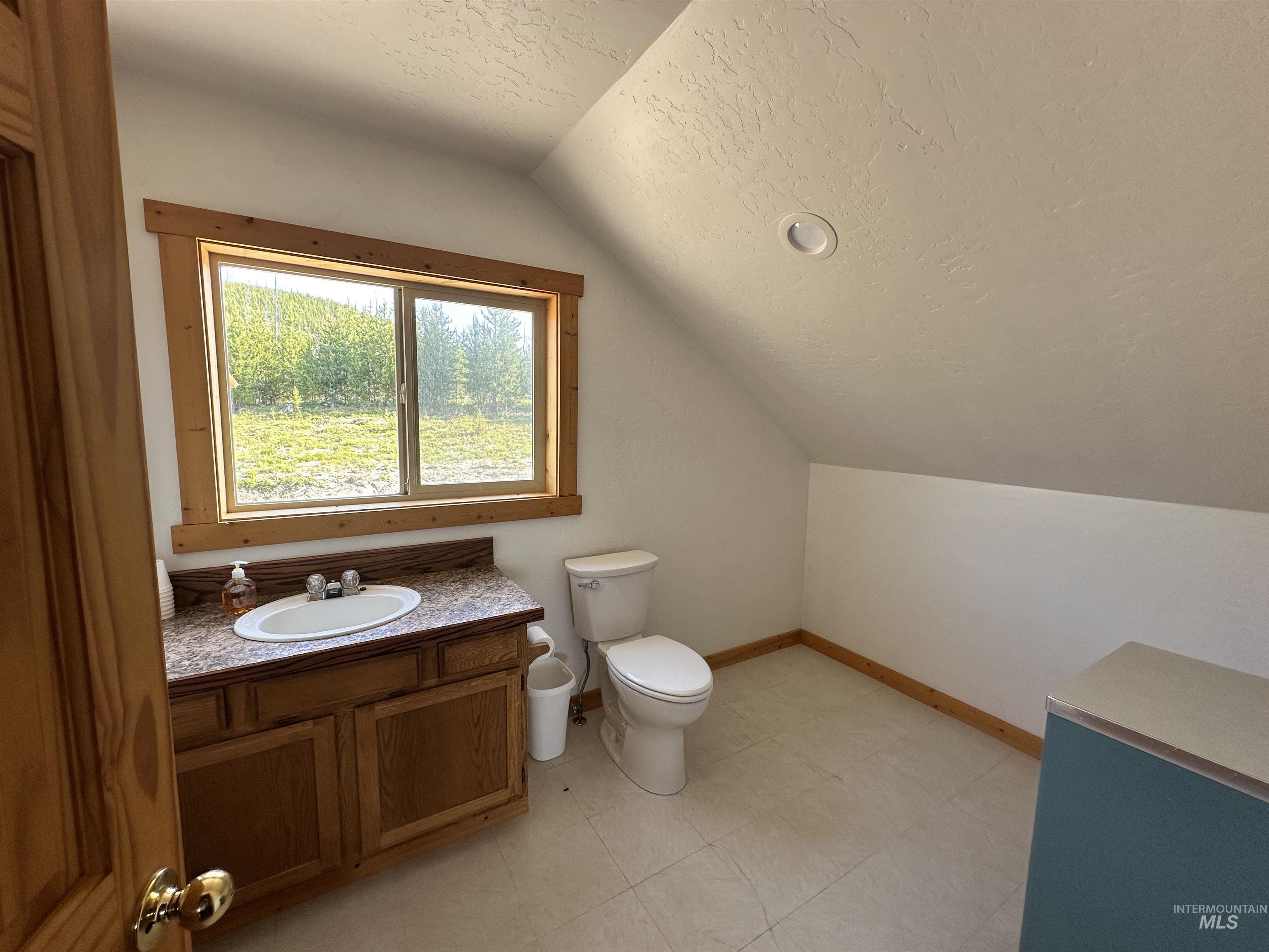 532 Warren Creek Road McCall, ID 83638 - Photo 22 of 45 Bathroom with lofted ceiling, a textured ceiling, and vanity