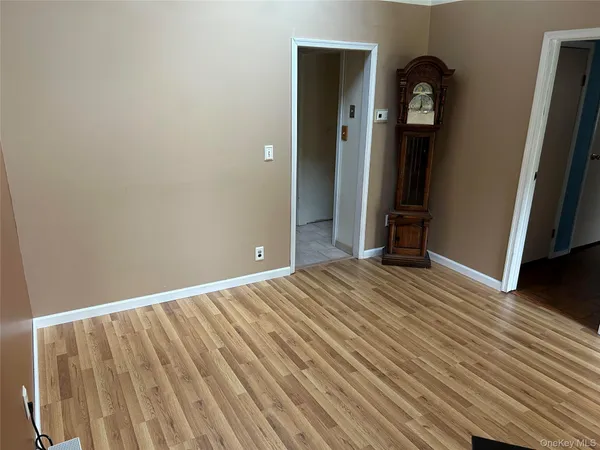 an empty room with wooden floor and entrance