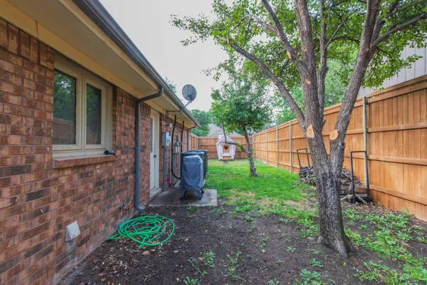 a view of a backyard with plants and large trees