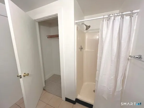 a bathroom with a shower and a sink