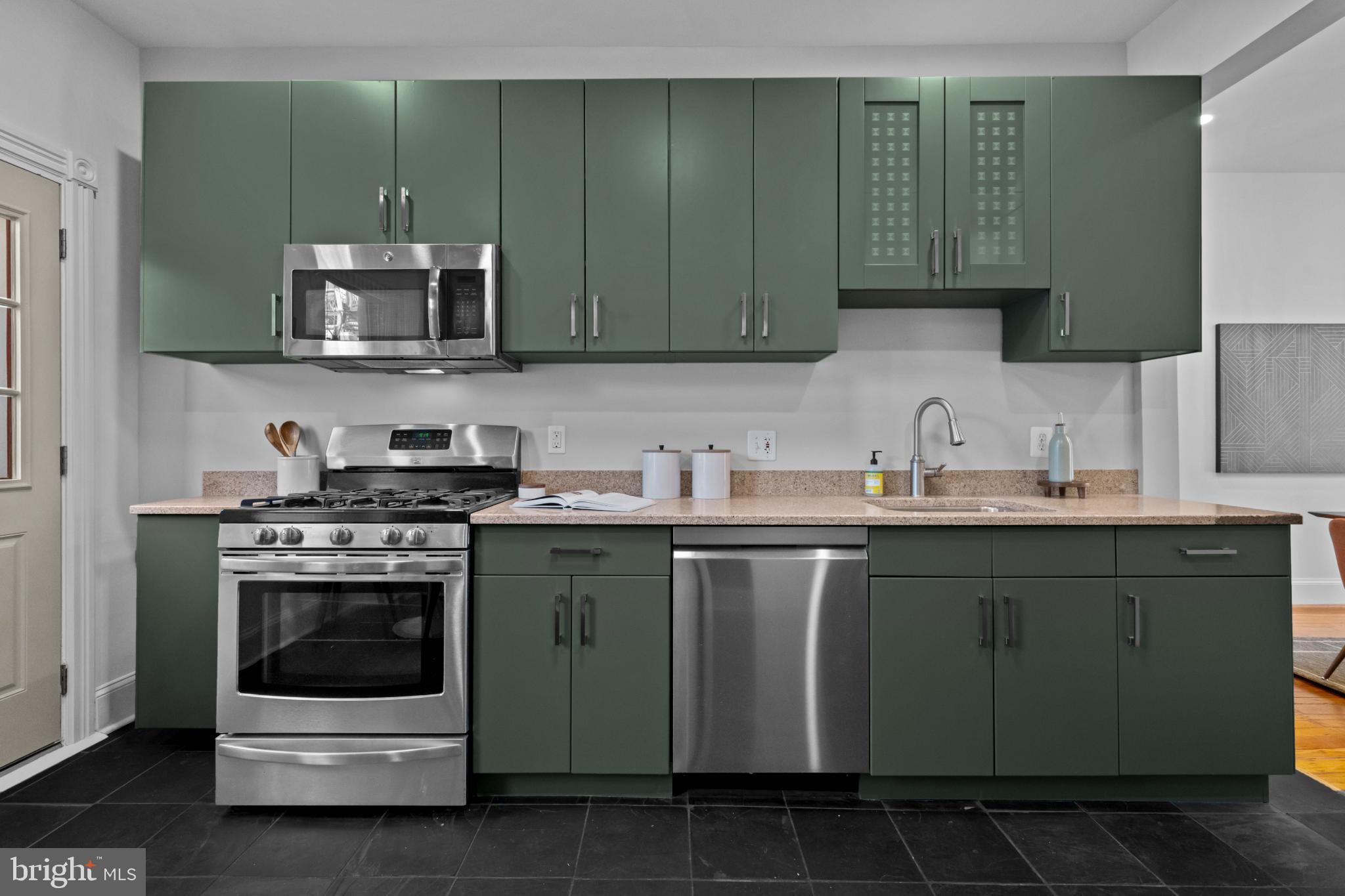 503 S Street Northwest Washington, DC 20001 - Photo 10 of 36 Modern kitchen with sleek green cabinetry.
