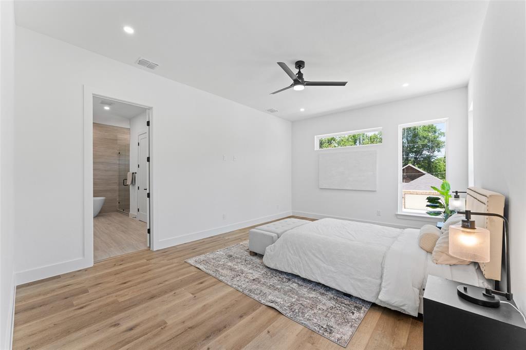 2826 Rochester Street Dallas, TX 75215 - Photo 16 of 38 Bedroom with light wood-type flooring, a ceiling fan, recessed lighting, and connected bathroom