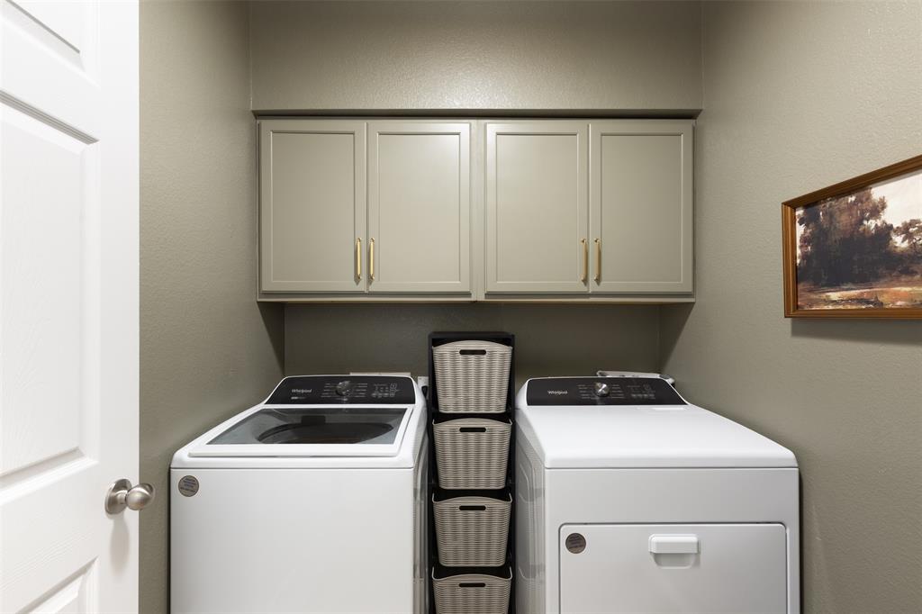 3105 Marston Road Lorena, TX 76655 - Photo 22 of 40 Dedicated laundry area featuring upper cabinetry with gold-tone hardware, a wall-mounted shelf, and neutral-toned painted walls