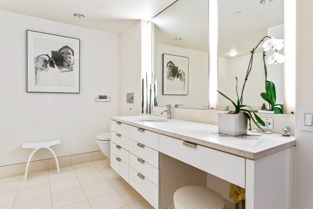 975 Memorial Drive, Unit 906 Cambridge, MA 02138 - Photo 19 of 37 a bathroom with a double vanity sink and a mirror