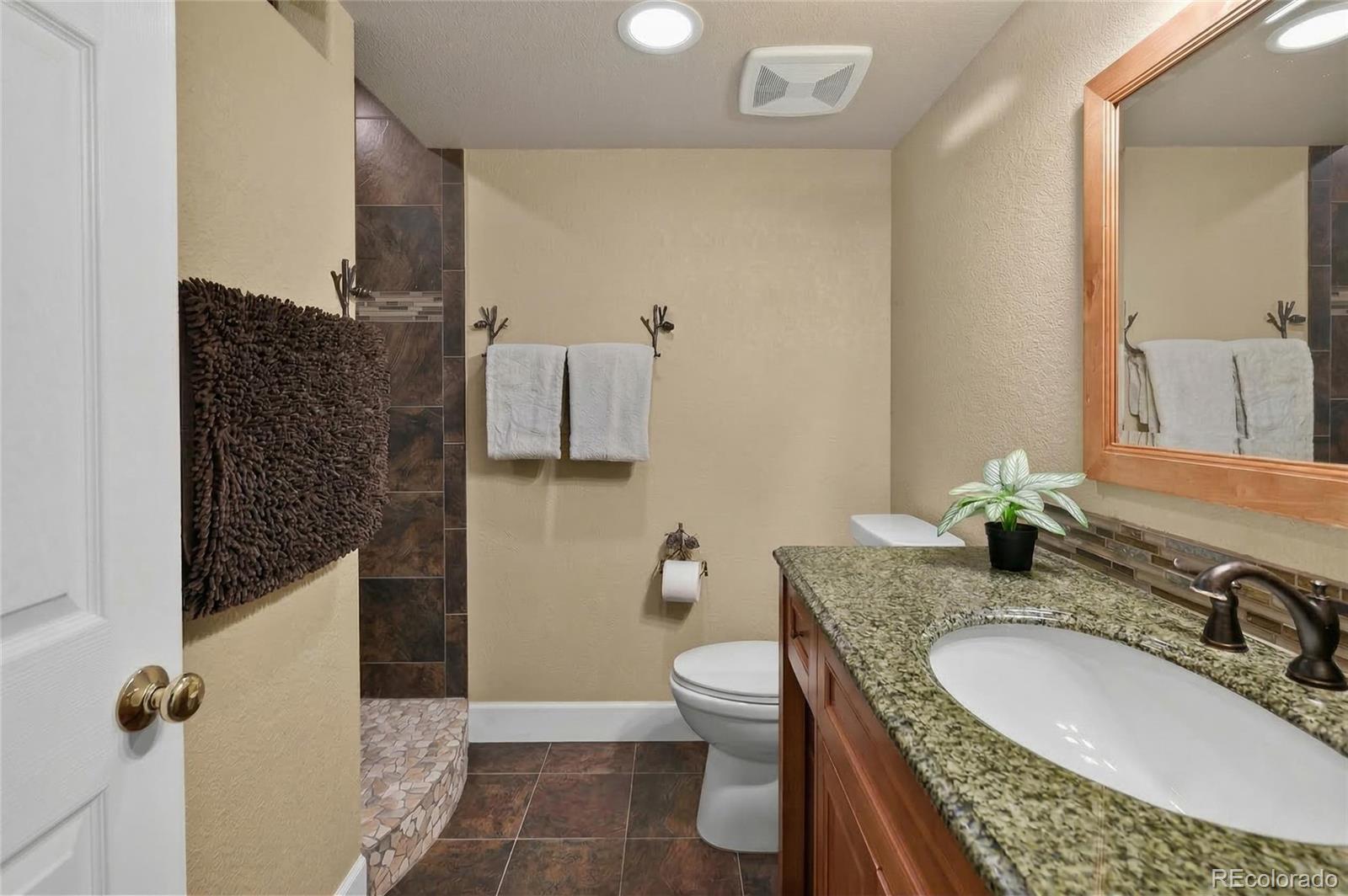 747 West Sparrow Hawk Drive Highlands Ranch, CO 80129 - Photo 38 of 50 a bathroom with a granite countertop sink a toilet and mirror