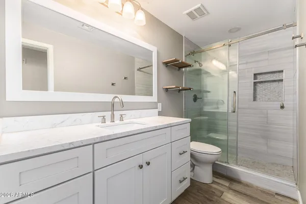 a bathroom with a shower sink vanity mirror and toilet