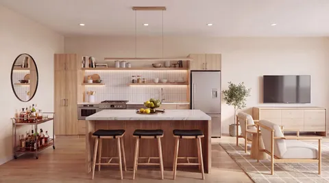 a view of a dining room with furniture