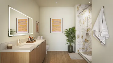 a bathroom with a sink a mirror and a shower