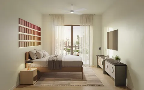 a spacious bedroom with a bed a couch and a large window