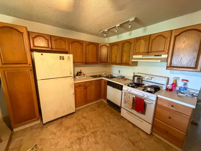a kitchen with a refrigerator sink stove and cabinets