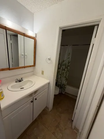 a bathroom with a sink a vanity and a mirror