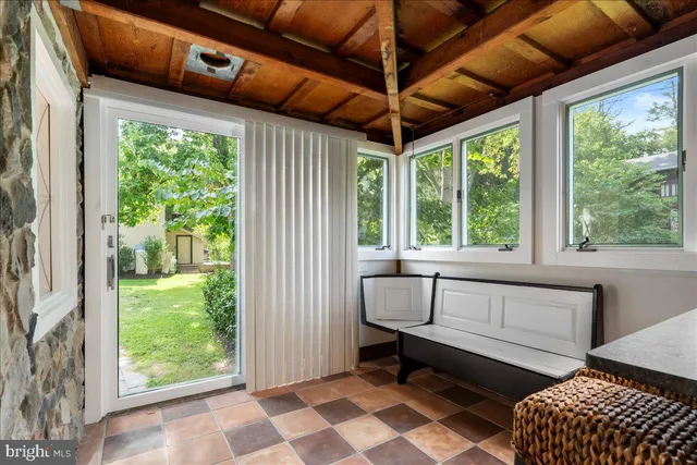a garage filled with furniture and a window