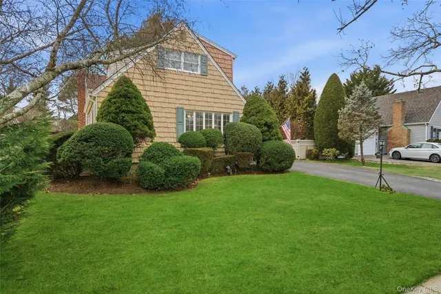 a view of a house with backyard and a tree