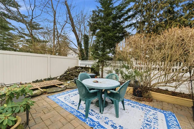 a backyard of a house with table and chairs