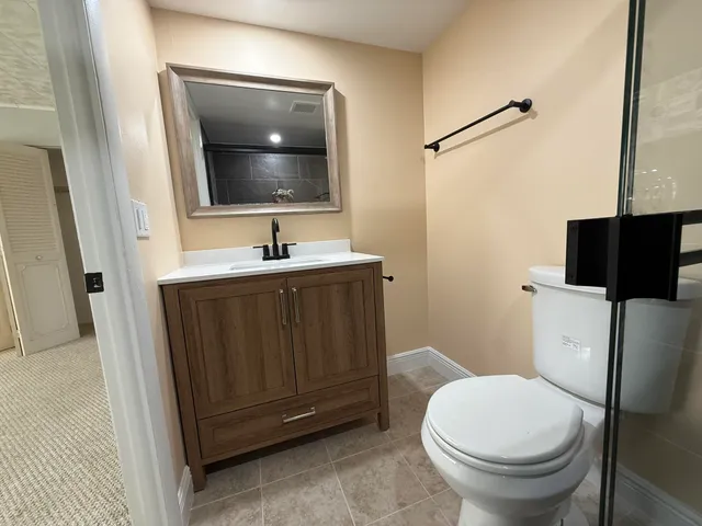 a bathroom with a toilet a sink and mirror