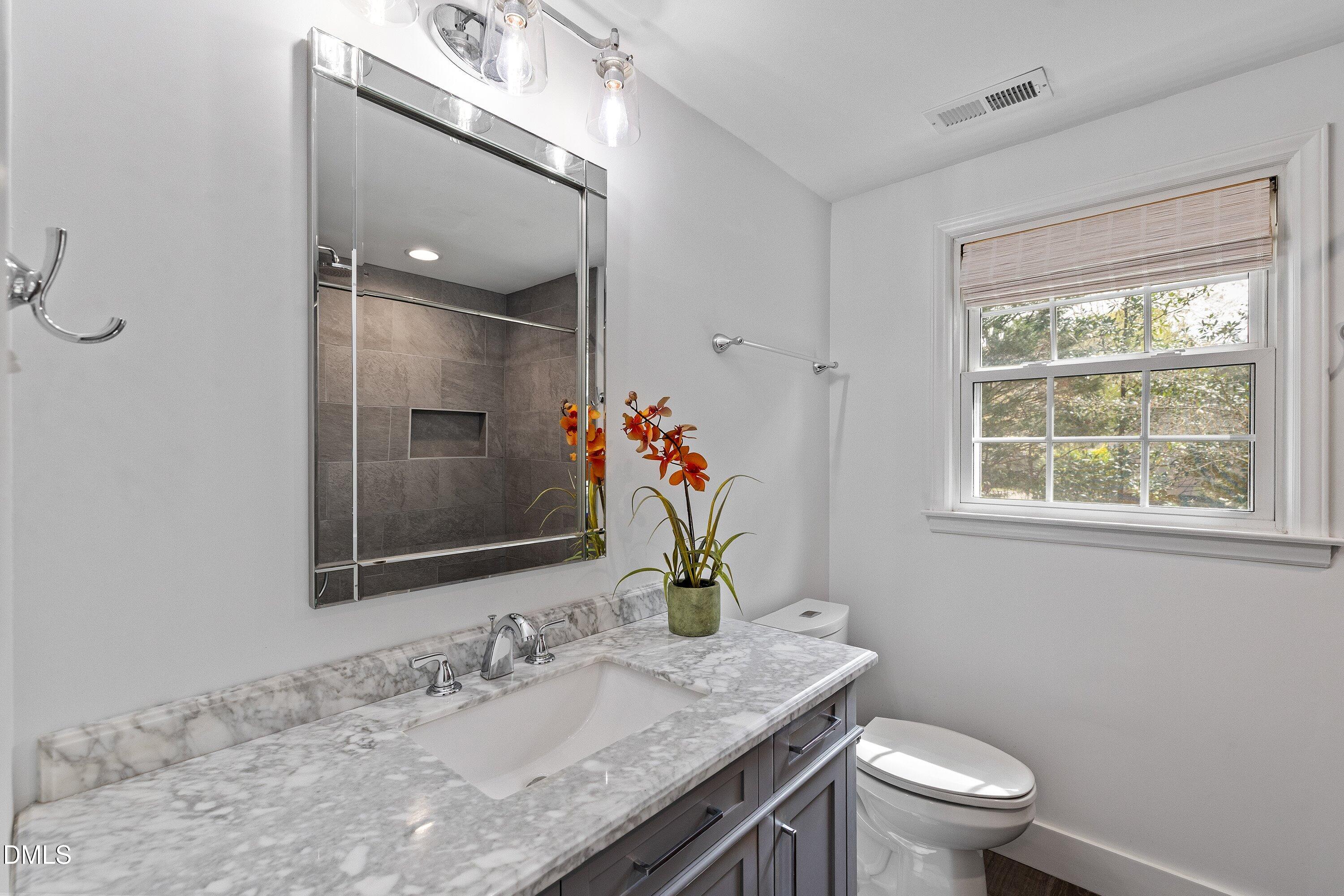 400 Cedar Hill Lane Raleigh, NC 27609 - Photo 32 of 41 a bathroom with a granite countertop sink a toilet and a mirror