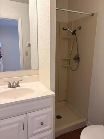a bathroom with a sink a toilet and shower