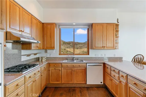a kitchen with sink a refrigerator and wooden floor