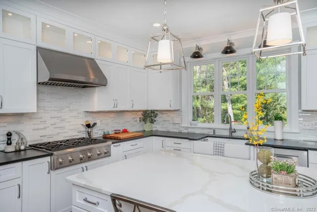 a kitchen with stainless steel appliances a counter space a sink a window and cabinets