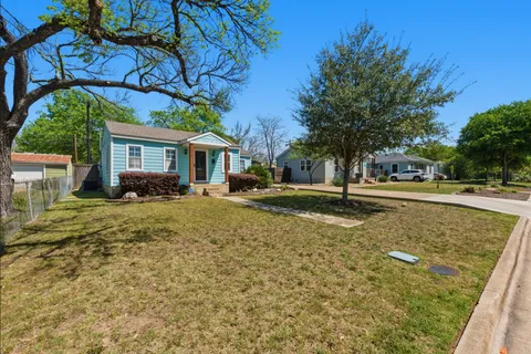 a view of a yard with plants and trees