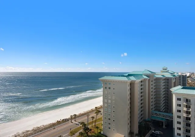 a view of a building with ocean view