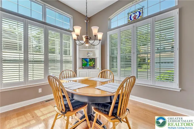 a view of a dining room with furniture