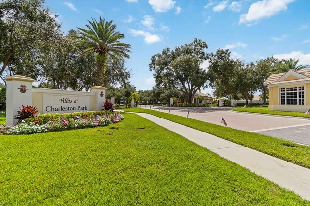 a view of a park with palm trees