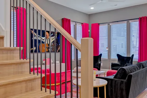 a bathroom with a sink vanity and mirror
