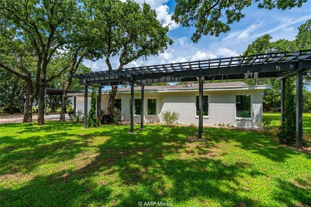 a garden view with a seating space