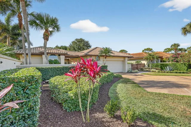 a view of a house with a yard and potted plants