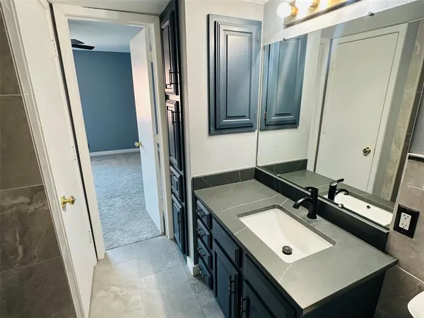 a bathroom with a sink a mirror and a shower