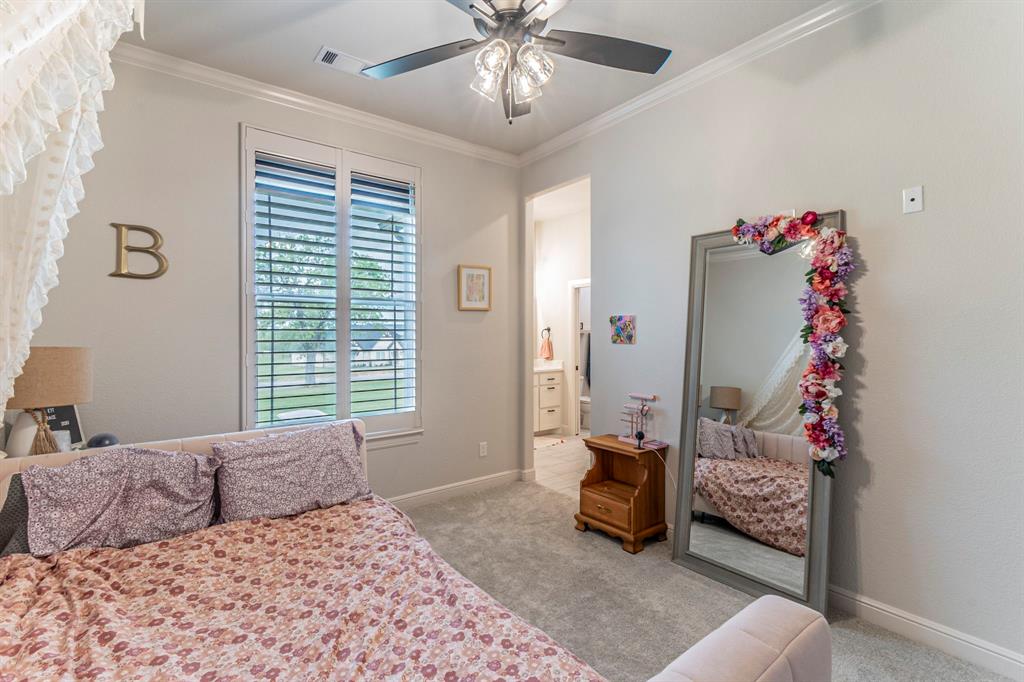 150 Las Brisas Drive Decatur, TX 76234 - Photo 17 of 32 Bedroom featuring light carpet, crown molding, ceiling fan, and ensuite bathroom
