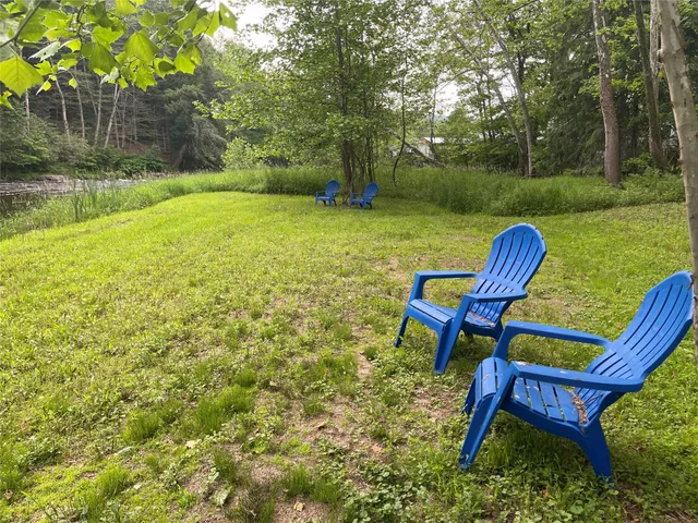 a view of a two chairs in the garden