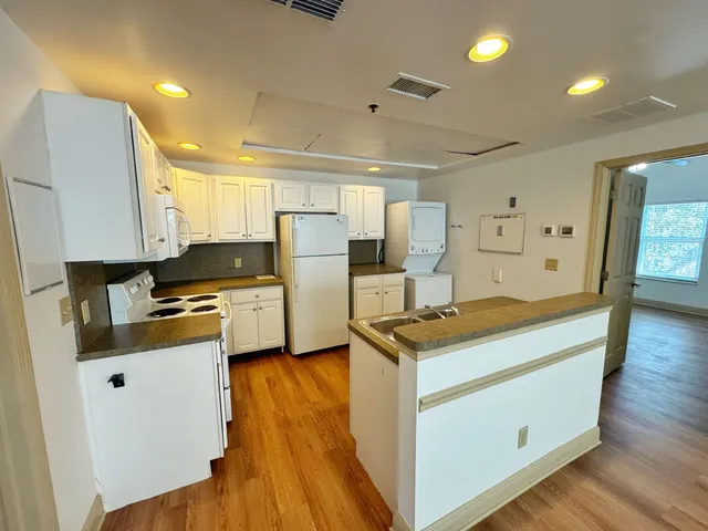 a kitchen with stainless steel appliances a stove a refrigerator a sink dishwasher and a refrigerator with wooden floor