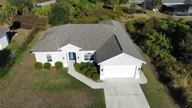 a aerial view of a house with a yard and large tree