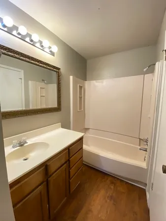 a bathroom with a tub sink and mirror