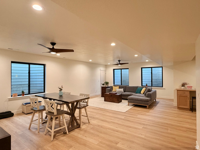 3626 Riverstone Road Mapleton, UT 84664 - Photo 38 of 58 Dining area featuring light wood finished floors, a ceiling fan, recessed lighting, and plenty of natural light