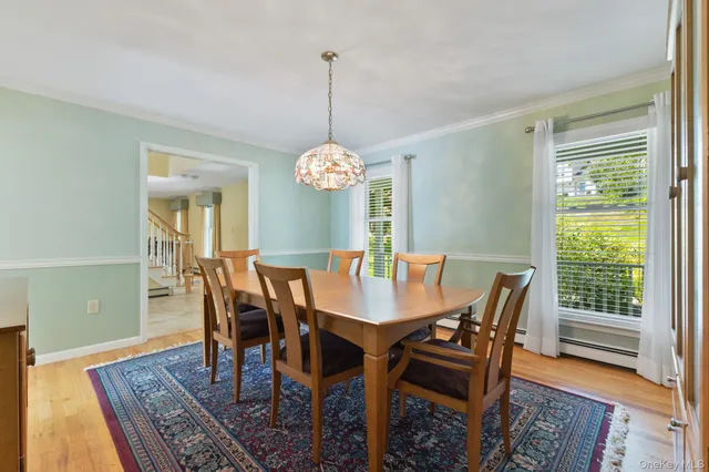 a view of a dining room with furniture window and wooden floor