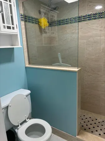 a bathroom with a toilet and a shower