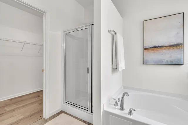 a bathroom with a bathtub and a shower