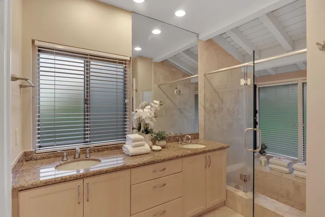 a bathroom with a sink a toilet and a large mirror