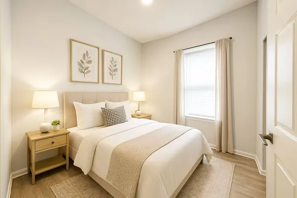 a bedroom with a bed and a window